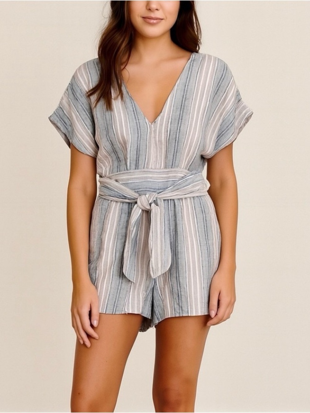 American Eagle Linen Cotton Blend Striped Boho Romper with Tie Waist Size Medium